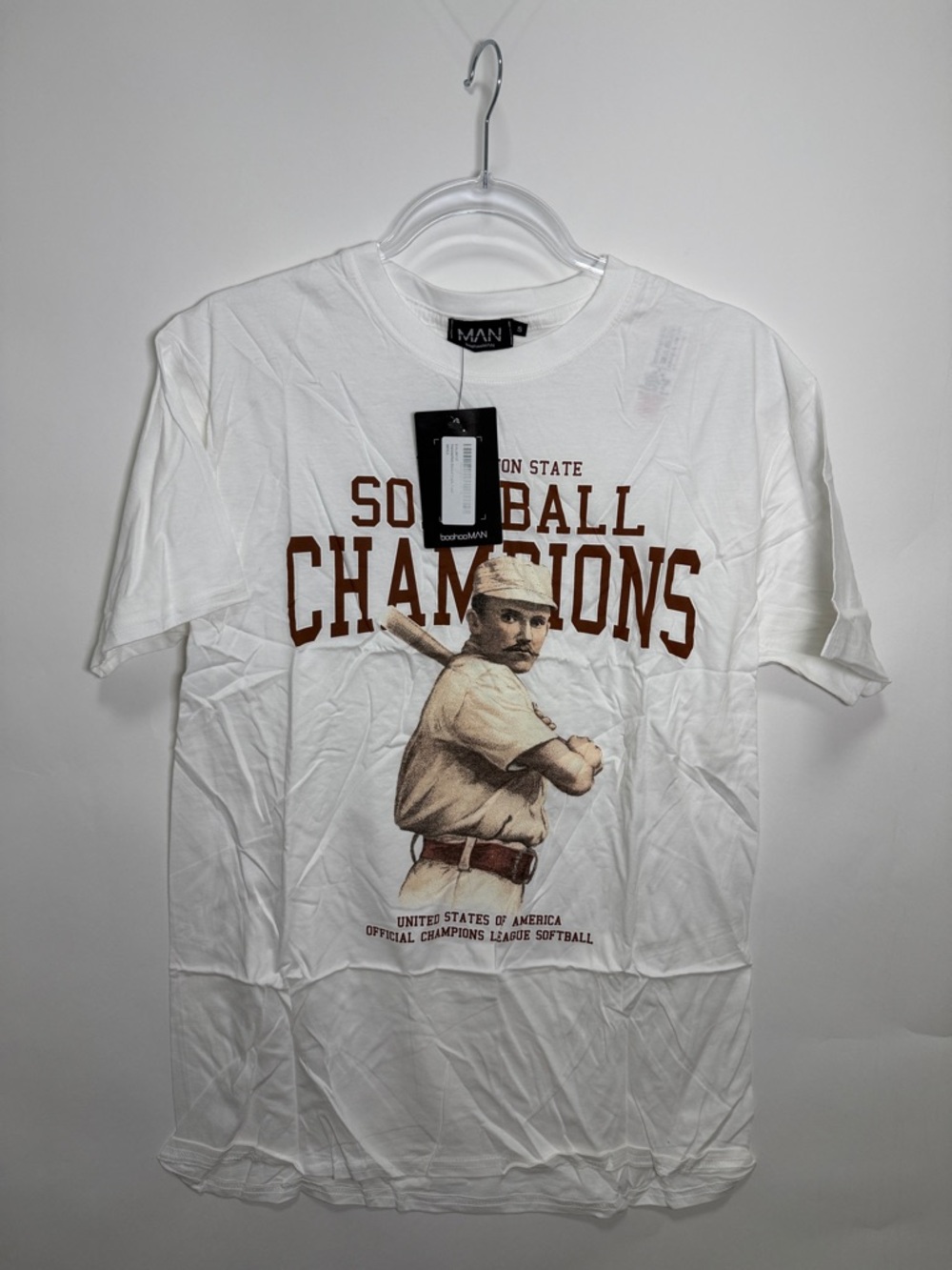 Boohoo Mens White 'Softball Champions' Graphic Tee
